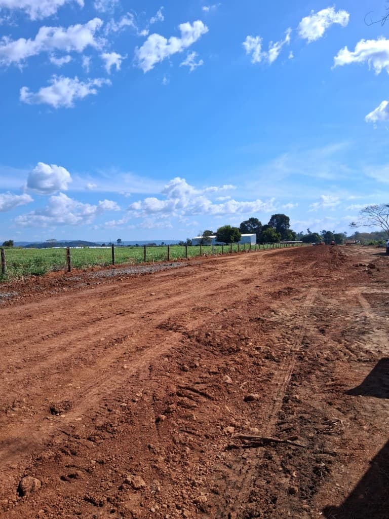 Estrada de terra nivelada com estacas topográficas e galpões ao fundo